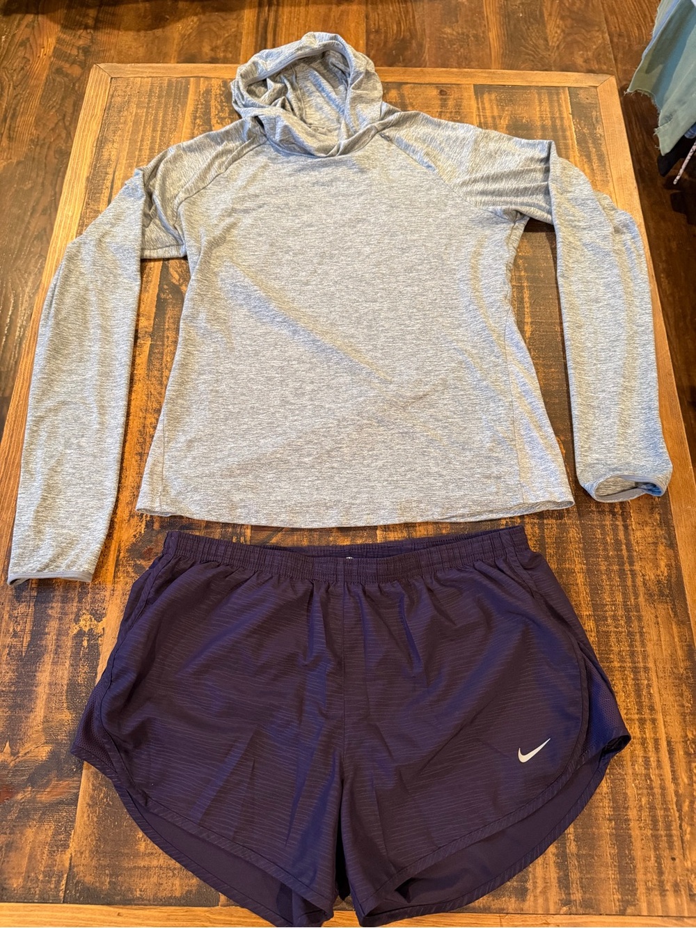 Nike Light Gray Long Sleeve Hoodie Top with Dark Purple Running Shorts